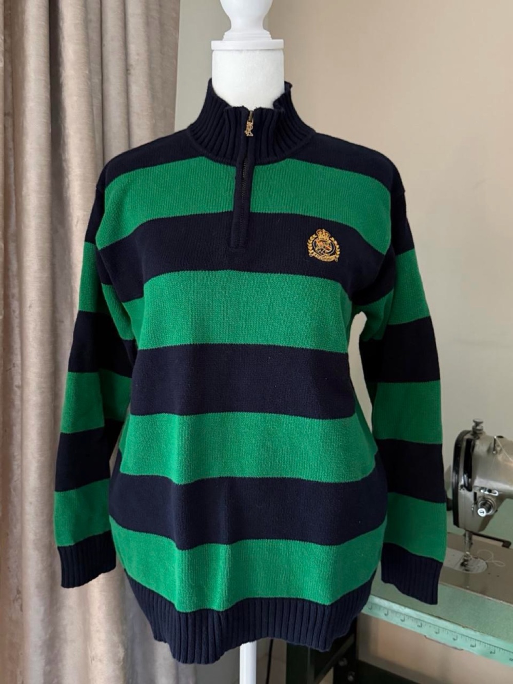 Ralph Lauren classic green& navy striped quarter zip knit sweater size P - Picture 3 of 5